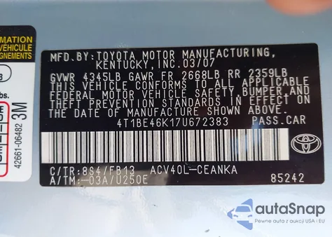 2007 Toyota Camry Le из США, поврежденный, VIN 4T1BE46K17U672383